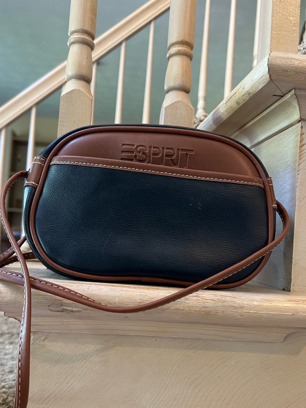 Vintage leather navy with brown trim ESPRIT crossbody bag